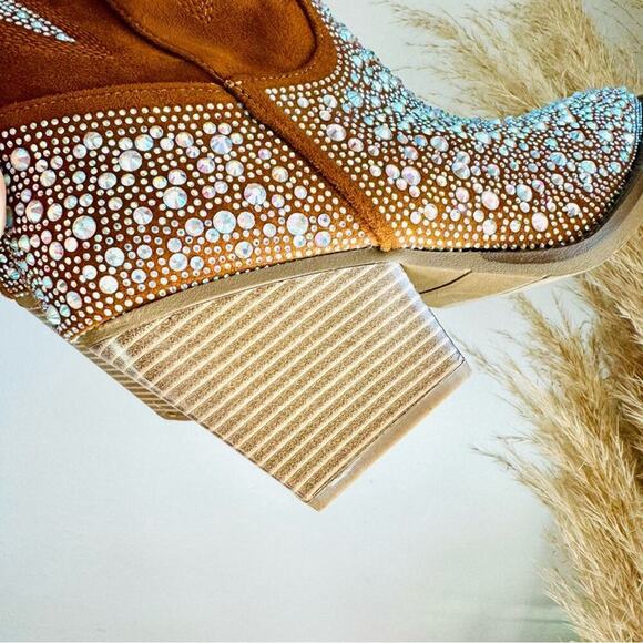NEW Brown Faux Suede Sequin Glitter Discoball Cowgirl Cowboy Chunk Heel Boot 9.5 - Picture 13 of 13
